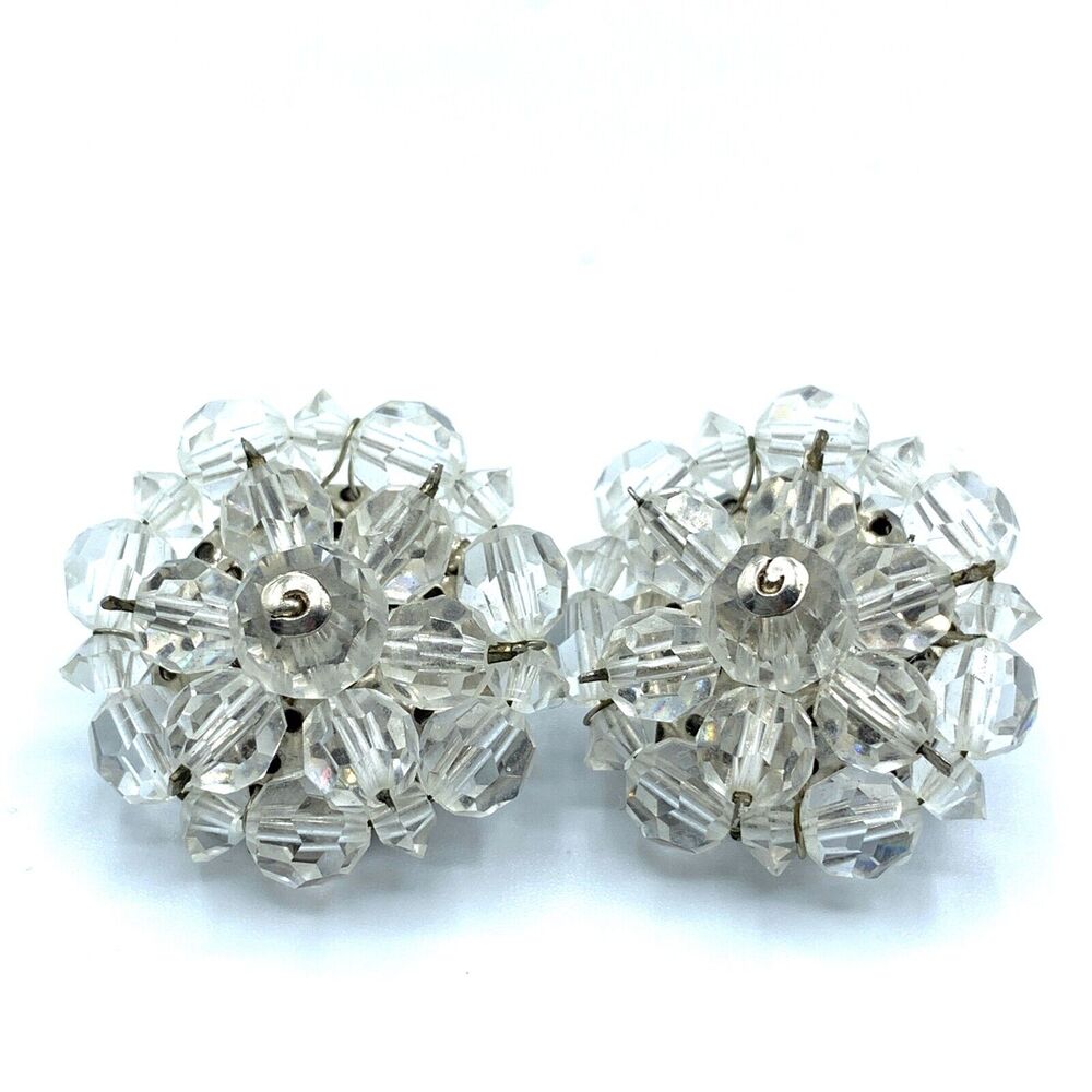 Vintage Clear beaded cluster clip earrings